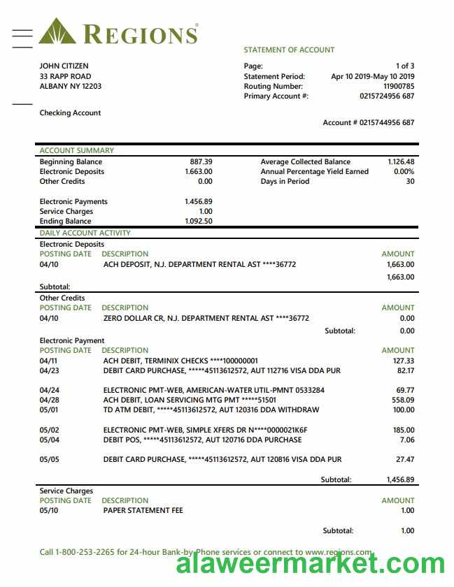 USA Regions bank proof of address statement template in Word and PDF format